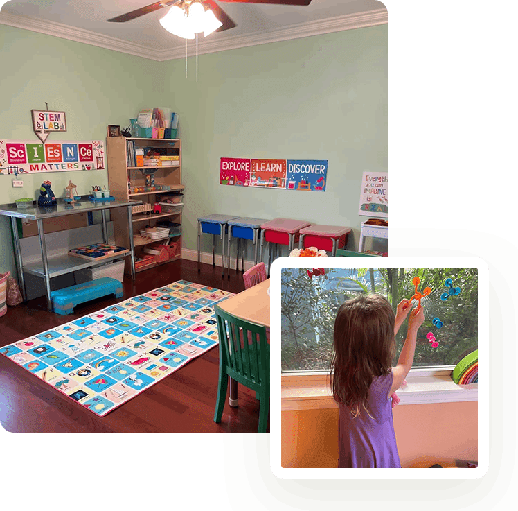 A child in a learning room with a rug and table